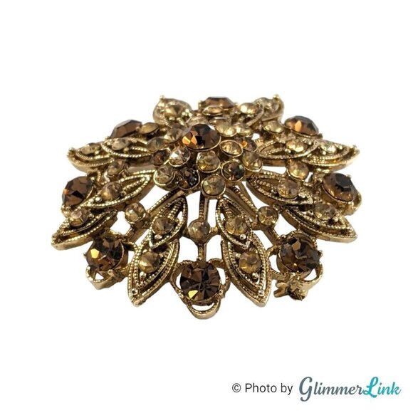 Vintage LC Liz Claiborne Orange & Brown Floral Burst Gold Tone Brooch Pin - Picture 2 of 9
